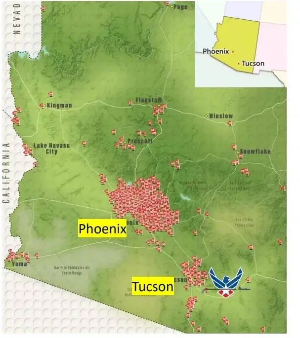 A map of the arizona desert with phoenix and tucson highlighted.