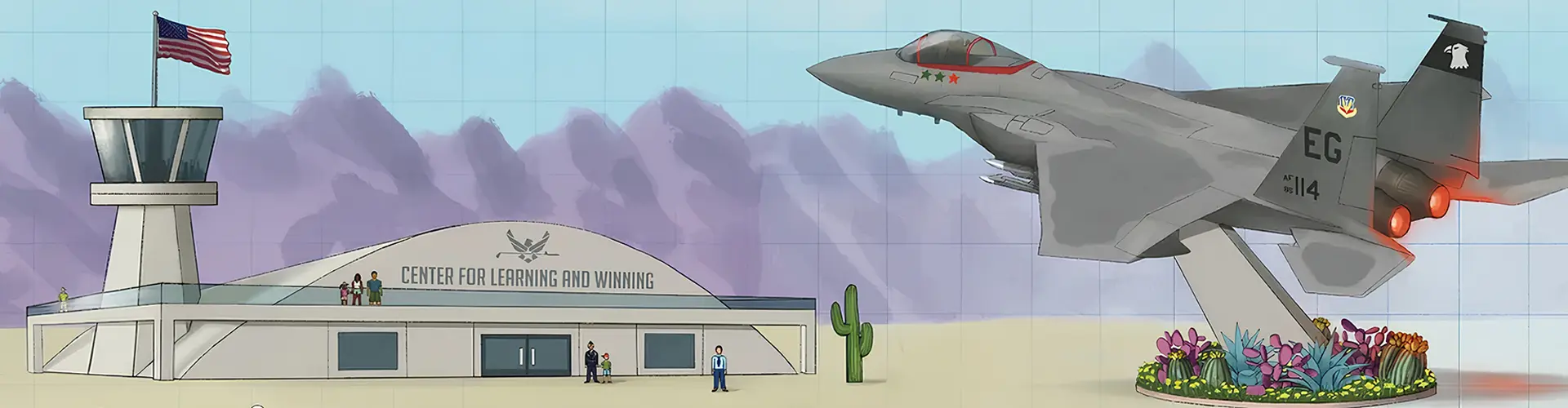 A cartoon of an airplane flying over a building.