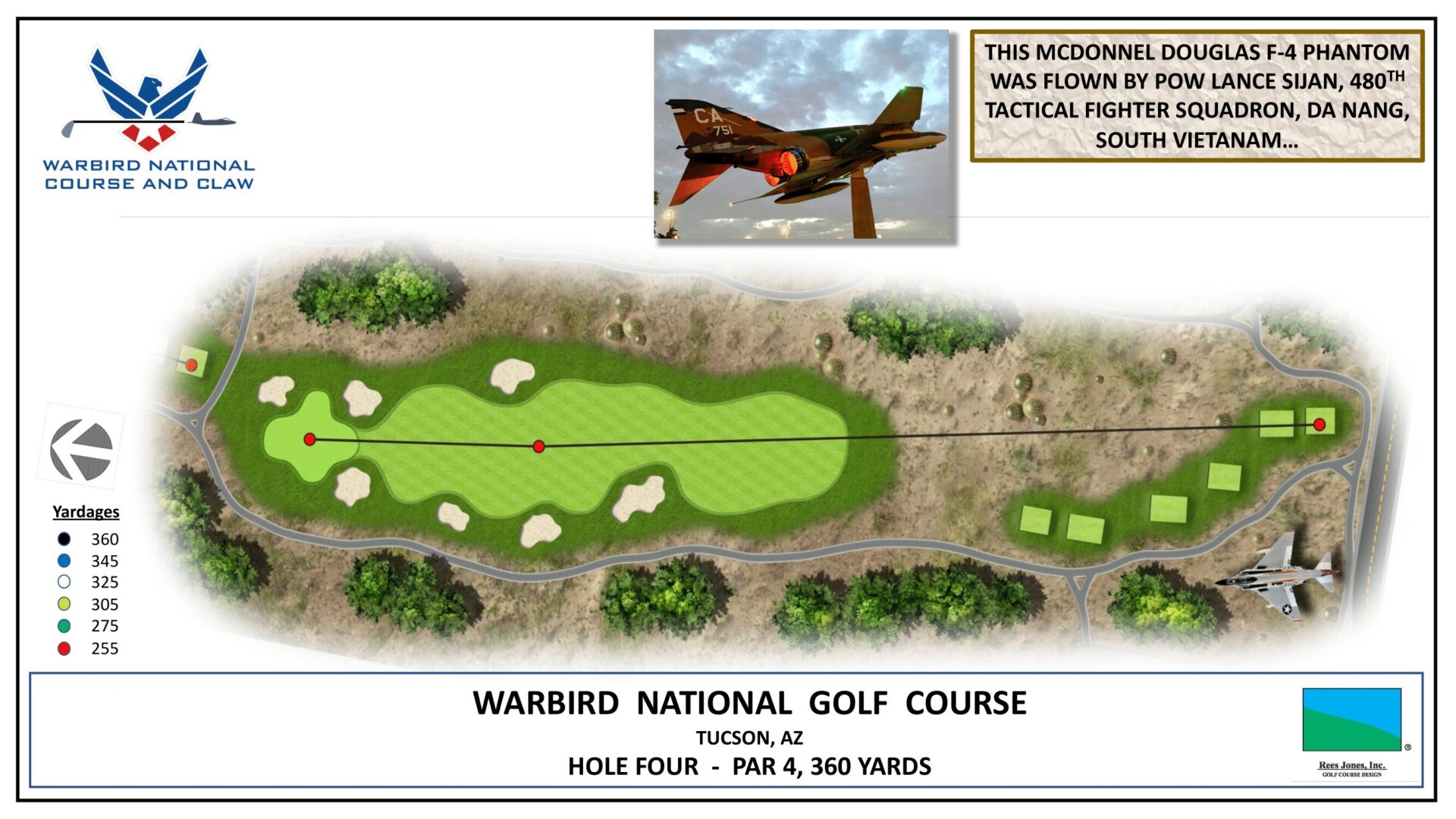 A map of the golf course with a plane flying over it.